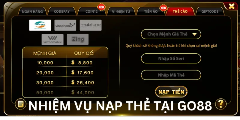 Nhiệm vụ nạp thẻ hàng ngày tại GO88